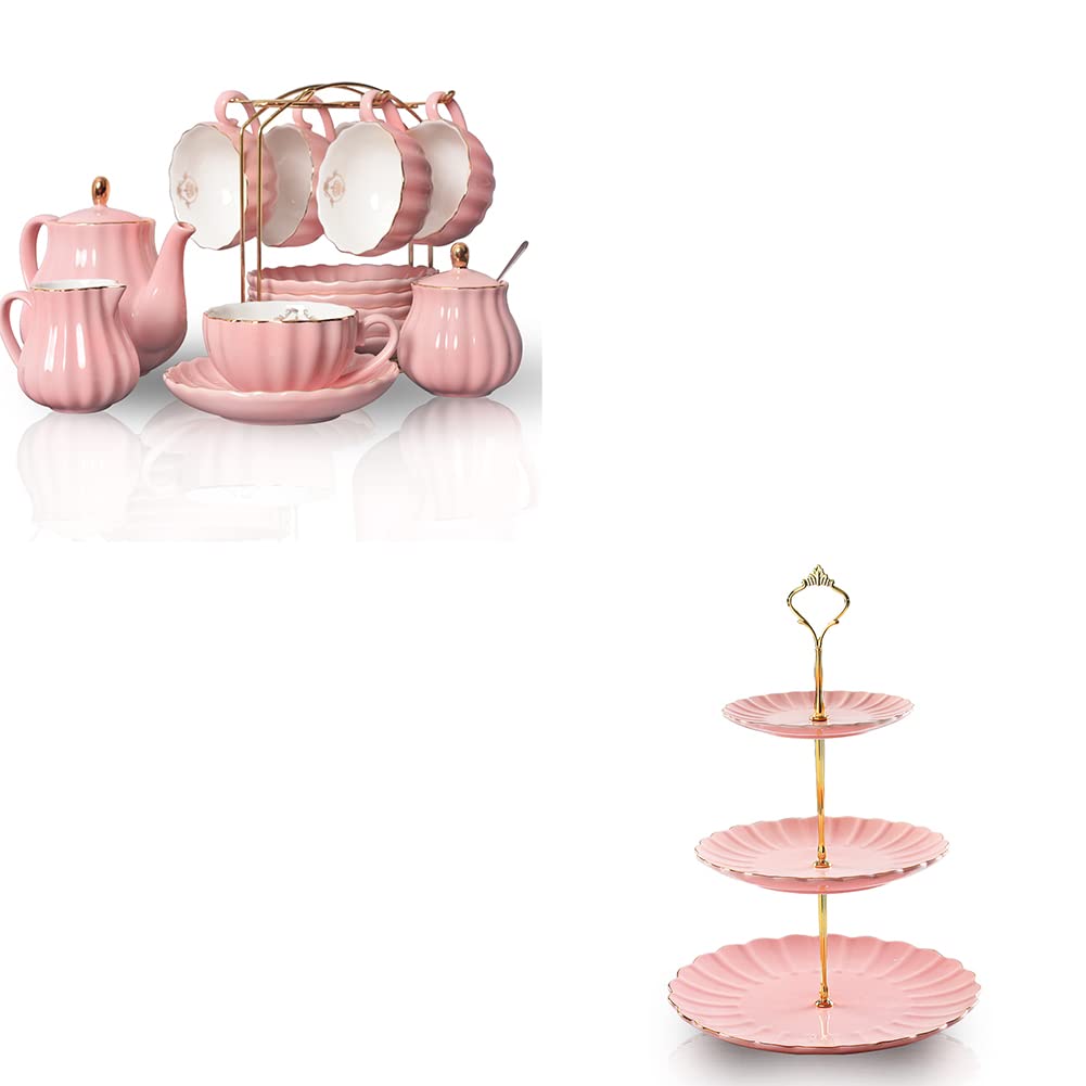 Sweejar Porcelain Tea Sets British Royal Series and 3 Tier Ceramic Cake Stand(Pink)