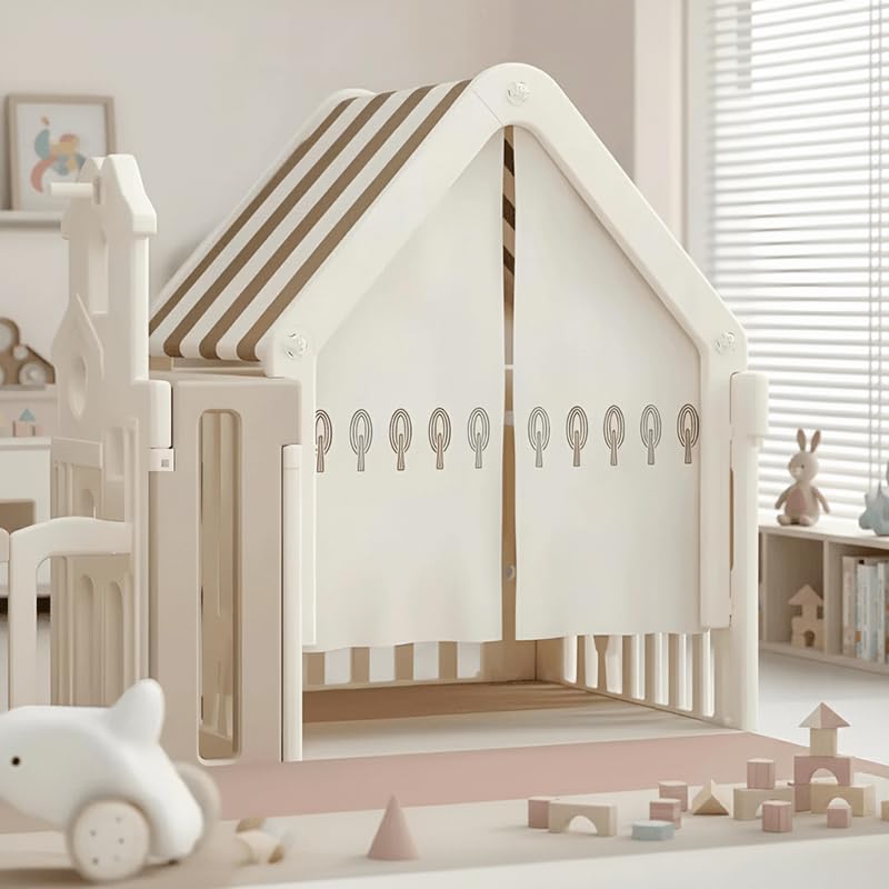 Laufgitter Baby Laufstall Kunststoff ZH30, 150x180cm Babylaufstall mit Spielhaus, Schaukel & Basketballkorb, Indoor & Outdoor Kinderspielplatz, Faltbares Aktivitätscenter, UV-Schutz, Beige