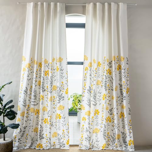 Image of Tranquebar Curtain Co. Cotton Curtains 8 Feet Long, 60-65% Room Darkening, Yellow Floral Print, 8 Feet Curtains, 8 Feet Curtains, BackTab Loops, Design Mazzo (244 cm) - Set of 2