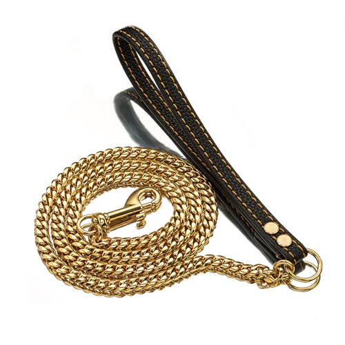 Zymoplas Ampia applicazione Catena in oro per animali domestici in acciaio inossidabile Manico pelle regolabile e flessibile Guinzagli per cani con corda per guinzaglio portatile, Oro, 100 cm