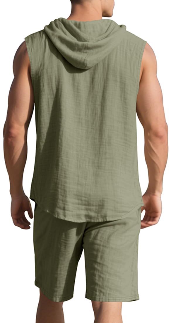 Herren Leinen Ärmelloses Kapuzenset Ärmelloses Oberteil und Shorts Sommer Strand Urlaub Set