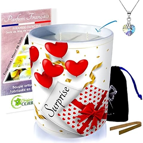 Candle with 2 wicks • Silver jewellery decorated with crystals from Swarovski® • Decorative candle gift for party or birthday made of vegetable wax • Monoï fragrance by Tahiti • (pendant small heart) Cover