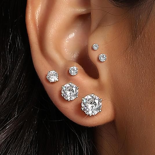 6 Pairs Stud Earrings for Women，Hypoallergenic Stainless Steel Earrings，3-8mm Cubic Zirconia Earrings Studs2