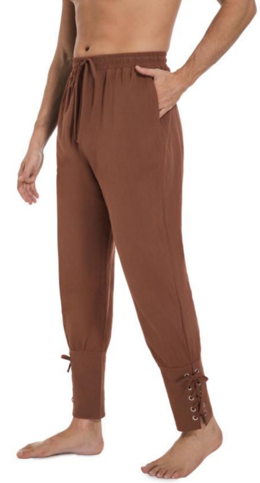 AIFARLD Mens Medieval Ankle Banded Pants Vintage Pirate Viking Cotton Lace Up Tapered Renaissance Costume Trousers