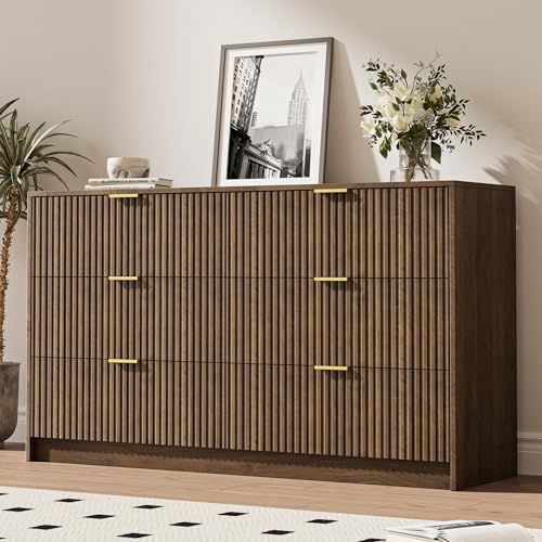 Image of MAISONARIA 6 Drawer Dresser for Bedroom, 55 inch Wide Modern Chest of Drawers with Gold Metal Handles, Fluted Wood TV Stand for Living Room, Hallway, Walnut
