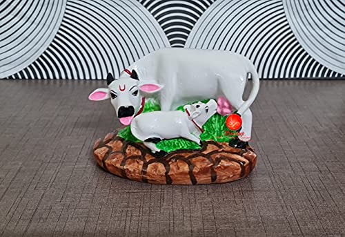Image of SAUDEEP INDIA Good Luck Gift Items Art Handicraftgiftgallery Decorative Marble dust /Polyresin Cow and Calf Showpiece Idols and Figurines, 5x3x3Inch (White Cow)