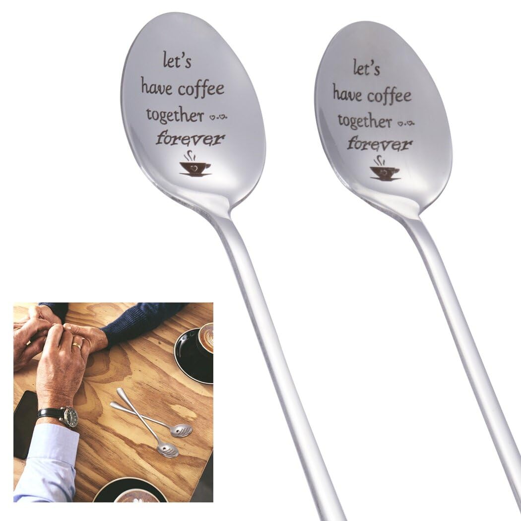2 Cucchiai Da Caffè In Acciaio Inossidabile Incisi | Let's Have Coffee Together Forever | 19 Cm, Regalo Per Coppie E Anniversari - 5