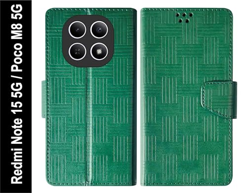 Image of SBMS Flip Cover for Redmi Note 15 5G Poco M8 5G Back Cover Case with Magnatic Closure | Genuine Leather Finish | Inbuilt Stand | Card & Money Pocket | Wallet Style Flip Back Case Cover (Mat Green)