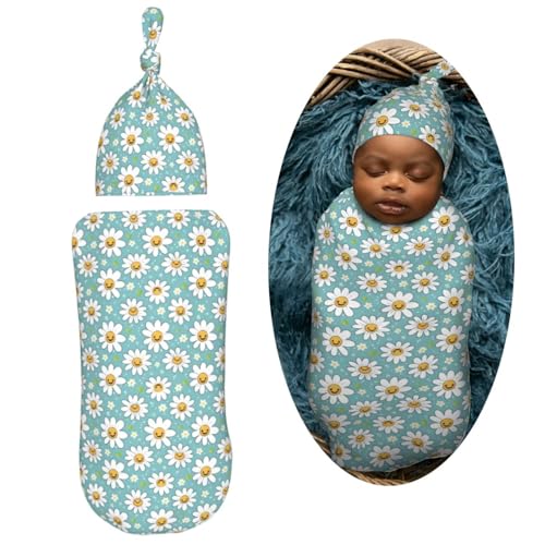 Image of Kawaii Happy Daisies Pattern Newborn Swaddle Blankets Hat Sets Soft Baby Receiving Blanket Swaddle Sack for Baby Shower Infant Boy Girl Gift