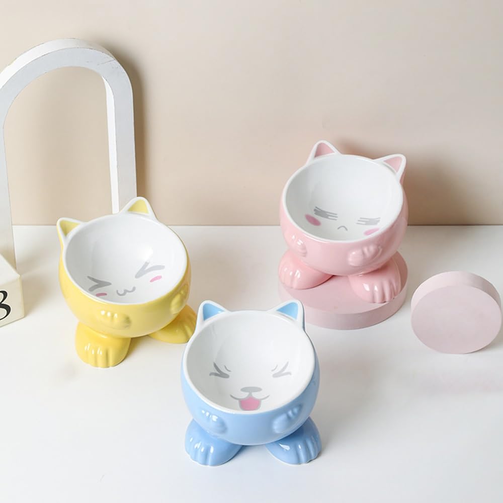 Podwyższona miska dla kota, ceramiczna miska dla zwierząt domowych, miska dla małego psa, miski na karmę wodną, podniesione miski dla kotów domowych, sucha/mokra karma, zestaw 3 szt. (żółta +