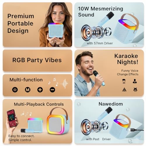 Image of Portable Karaoke Machine with Wireless Microphone, Bluetooth Speaker System, RGB LED Lights, Voice Effects, Rechargeable Battery, Light Blue
