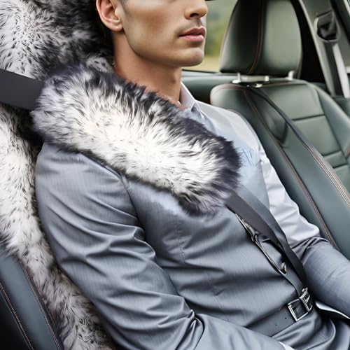 Image of 2 Pack Sheepskin Car Seat Belt Cover Pads | Long Wool Seatbelt Cushions
