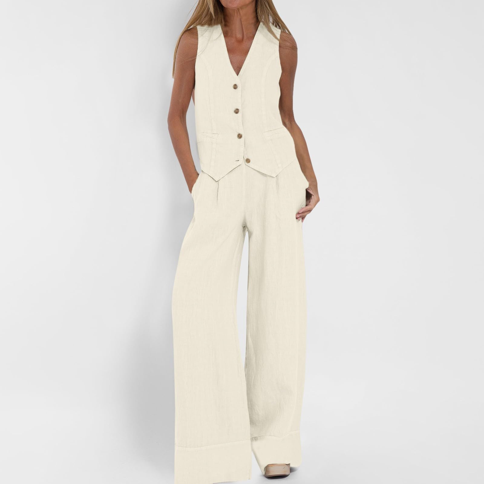 Blazer Sets Women 2 Piece Outfits Summer Sleeveless Suit Vest And Wide Leg Pants Womens Business Casual Clothing