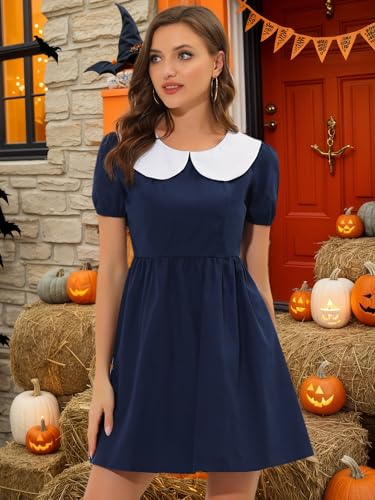 Image of Allegra K Women's Contrast Peter Pan Collar Puff Short Sleeve A-line Dress