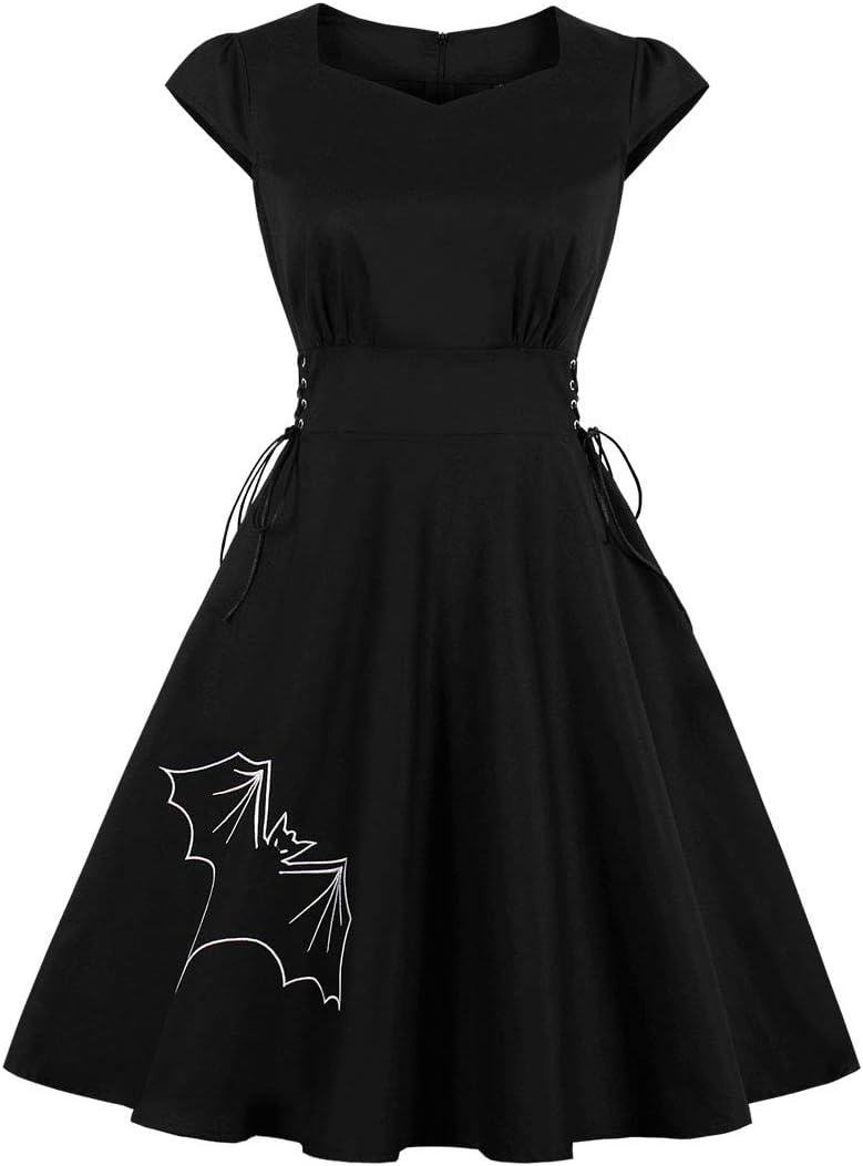 WellwitsWellwits Women's Embroidery Lace up Gothic Black Halloween Vintage Dress