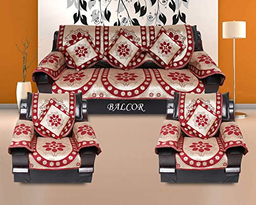 Image of Cotton 12 PCs DECAN Design Sofa Cover with Handle Cover Set of 5 Seater(3+1+1+6), Cushion Cover 16 * 16 Set of 5 PC, Total 17 PCs Set-Maroon