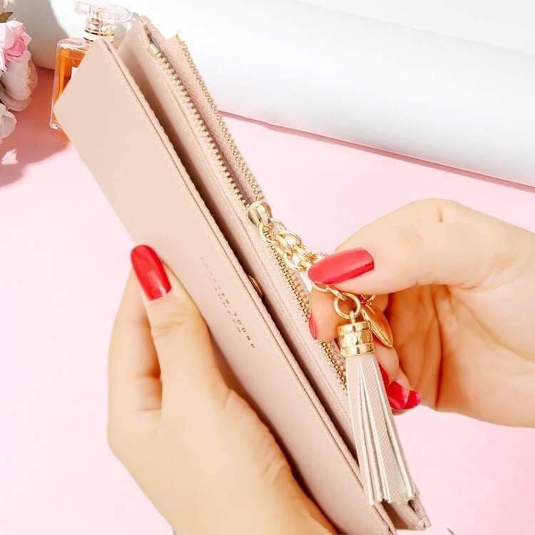 Miniatura 6 de Cartera larga para mujer con borla - Funda plegable de piel sintética delgada para tarjetas de crédito con bolsillo con cremallera, Rosado, Cartera
