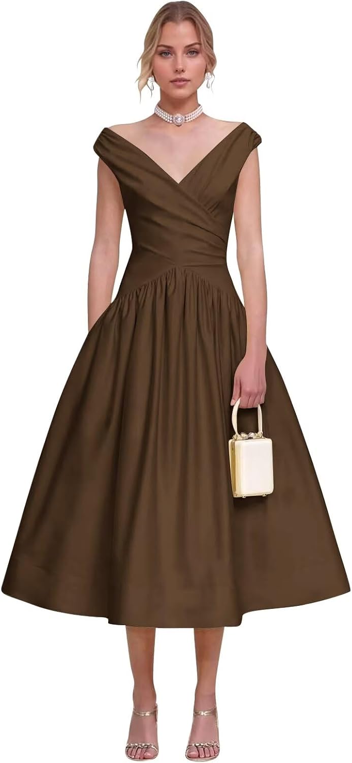 Monlity Prom Dresses for Women Satin V Neck Pleated A Line Cocktal Party Gowns Midi Wedding Guest Dress