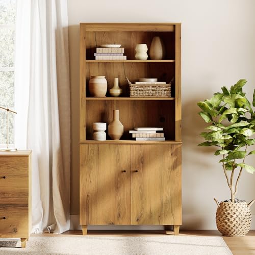 Image of WAMPAT 71 inch Tall Bookcase with Doors & Storage Cabinet, Modern 5-Tier Bookshelf with Adjustable Shelf, Floor Standing Wooden Display Book Shelf for Home Office, Living Room, Bedroom, Oak Brown