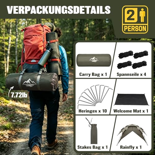Campingzelt 2-3 Personen Pop Up Zelt wasserdicht 40s Schnellaufbau Wurfzelt – Ansicht 7