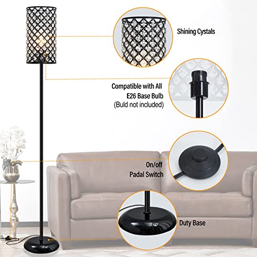 Crystal Floor Lamp, Modern Standing Lamp With Elegant Shade Black Floor Lamp With On/Off Foot Switch,Tall Pole Accent Lighting For Living Room, Girl Bedroom, Dresser, Office #TOP2