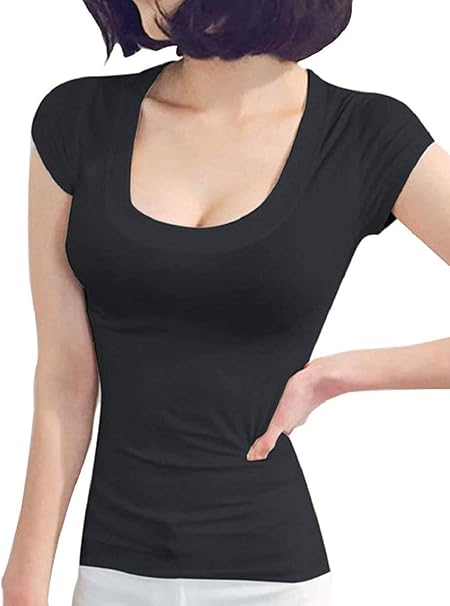 Amazon ロージア 94 ぴったり フィット T シャツ カットソー トップス 半袖 薄手 無地 伸縮 シンプル 胸元 セクシー レディース Shirt For Women かわいい おしゃれ 人気 プレゼント カジュアル ファッション アウトドア サイズ スポーツ ヨガ 運動