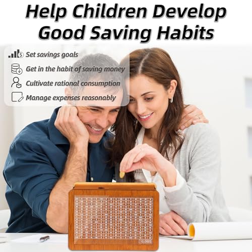 WenmthG 10000 Larger Size Savings Challenge Box - Cash Vault Wooden Money Savings Box for Adults Kids - Kakeibo Money Bank - Wooden Cash Coin Piggy Bank with Counter and Dry Erase Pen - Brown