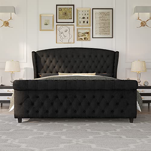 Amerlife King Size Platform Bed Frame, Velvet Upholstered Sleigh Bed With Scroll Wingback Headboard & Footboard/Button Tufted/No Box Spring Required/Black #TOP7