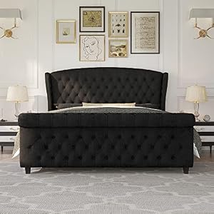 AMERLIFE Queen Size Platform Bed Frame, Velvet Upholstered Sleigh Bed with Scroll Wingback Headboard Footboard/Button Tufted/No Box Spring Required/Easy Assembly/Black AMERLIFE Queen Size Platform Bed Frame Velvet Upholstered Sleigh Bed with Scroll Wingback Headboard FootboardButton TuftedNo Box Spring RequiredEasy AssemblyBlack