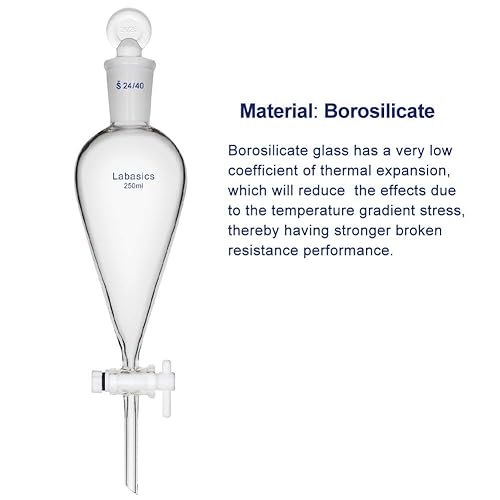 Miniatura 12 de Labasics Embudo separador cónico de vidrio de borosilicato 33.8 fl oz con llave de paso de PTFE, 33.8 fl oz