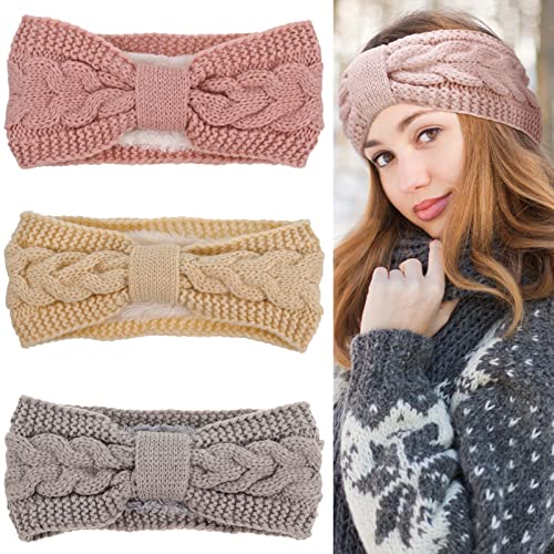 umorismo Stirnband Damen Winter, 3 Stück Winter Gestrickte Haarband, Verdicken Fleece Innenfutter Haarbänder, Haarband Ohrenwärmer Elastische für Outdoor Sport Damen/Frauen/Mädchen Cover