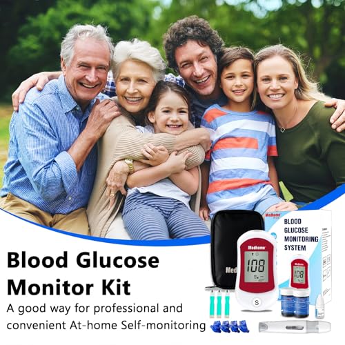 Medhome Blood Glucose Monitor Kit, Diabetes Testing with 100 Glucometer Strips,100 30G Lancets, 1 Lancing Device, 1 Blood Sugar Monitor with Control Solution, Large Menory Capacity, No Coding.