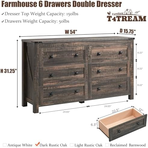 T4TREAM 54" Wide Farmhouse 6-Drawer Dresser for Bedroom, Dark Rustic Oak - 1
