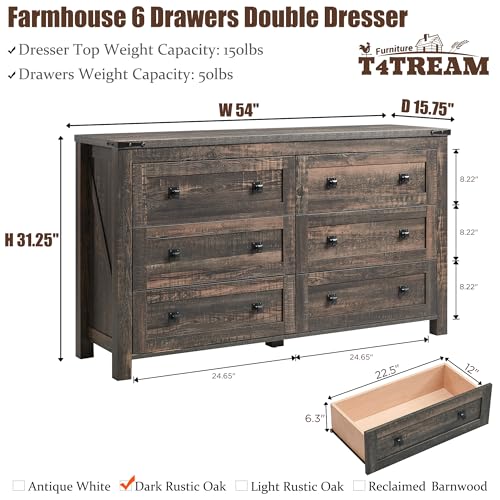 T4TREAM 54" Wide Farmhouse 6-Drawer Dresser for Bedroom, Dark Rustic Oak