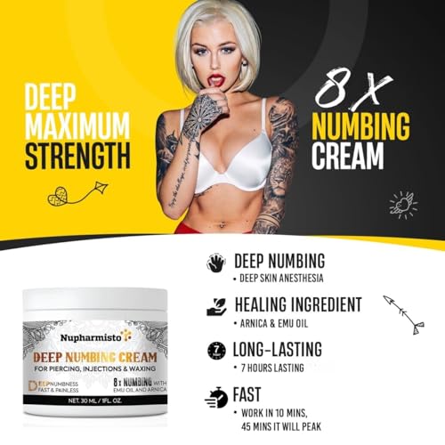 Deep Numbing Cream for Piercing, Injections& Tattoos, Fast Numbing for Waxing, 7 Hours Maximum Strength Numbing Cream for Injections, 8x Numbing with Emu Oil and Arnica. 30ml/1floz
