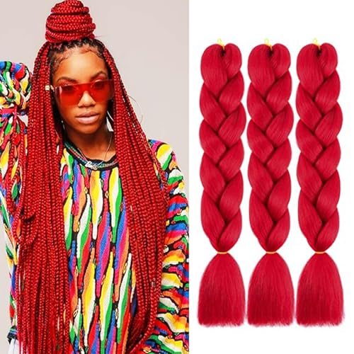 Imierfa Red Braiding Hair, Hair Extensions for Braids High Temperature Synthetic Hair Extensions for Braids Color Red 24" 3PCS