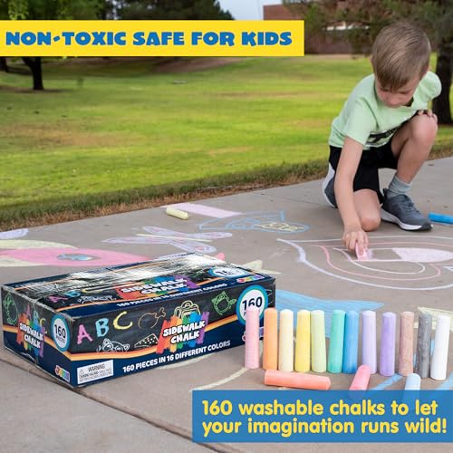 Image of JOYIN 160 PCS Sidewalk Chalks Set-16 Colors Non-Toxic Washable Jumbo Chalk for Outdoor Art Play, Painting on Chalkboard, Blackboard and Playground