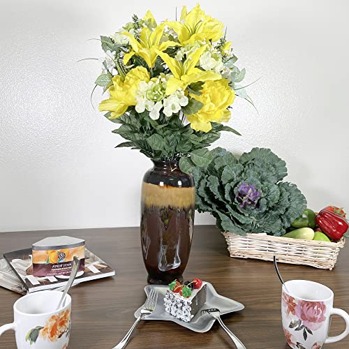 Admired By Nature Gpb4307-Yellow-2 Artificial Full Blooming Tiger Lily, Peony & Hydrangea Mixed Bush, Yellow, 24 Stems, 2 Pc #TOP3