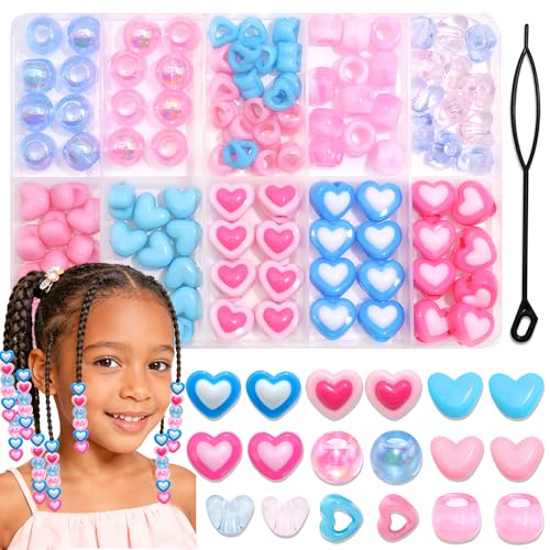 NAISKA 108PCS Pink Blue Hair Beads for Braids 12 Styles Girl Beads for Hair