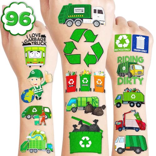 Garbage Truck Pre-Cut Temporary Tattoos for Kids – 96PCS Construction Vehicle Birthday Party Favors, Boys Party Supplies, Removable Non-Toxic Stickers, Trucks Theme Decorations