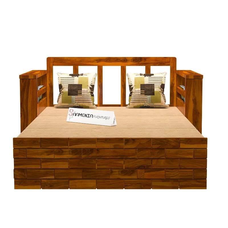 Image of Mamta Furniture Solid Sheesham Wood Sofa Cum Bed Furniture Set with Storage and Cushions for Living Room | Bedroom | Drawing Hall Honey Finish Queen