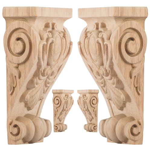 3 inch-W 1.6 inch-D 5.7 inch-H Wood Carved Corbels, TCHOSUZ 4 -Pack Antique Traditional Unfinished Wooden Carving DIY Decorative Scrolled Millwork Brackets for Countertop Kitchen Fireplace Mantel