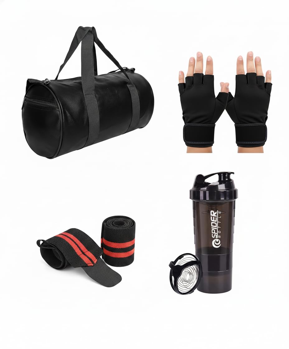 KT Gym Bag Combo for Men Women with Duffle Travel Kit Workout Gloves Wrist Support Strap and Shaker Bottle Black-image-26