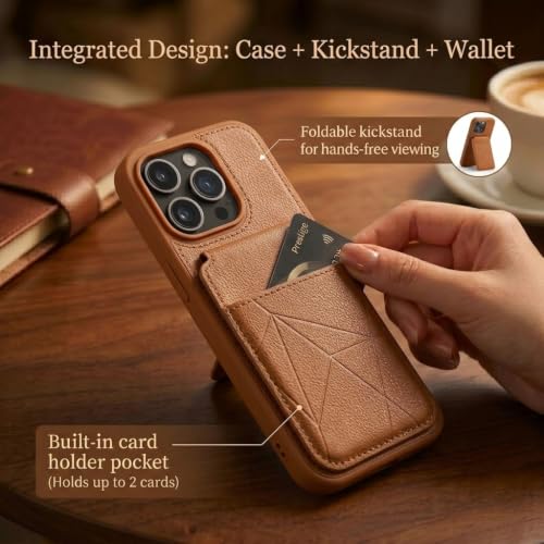 Image of amazon basics Premium Vegan Leather Back Cover with Card Holder and Integrated Mobile Stand for iPhone 16 Pro - Slim Shockproof Wallet Case with Geometric Stitching [Tan]
