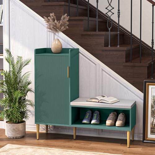 Image of Storage Bench with Fluted Door&Shelf, L-Shaped Entryway Bench | Green Modern Living Room Bench with Padded Seat, Small Shoe Organizer Cabinet for Hallway, Office