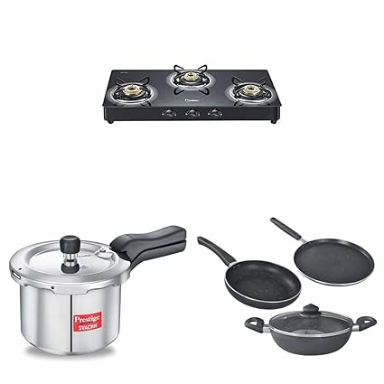Prestige Royale Plus Schott Glass 3 Burner Gas Stove, Manual Ignition, Black + Prestige Omega Deluxe Granite 3 Pcs with 1 Glass Lid COMBO