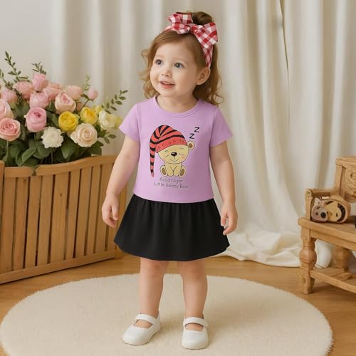Image of Kidbea Baby Girl Bear Printed Cotton Top with Skirt Set | Comfortable, Stylish or Casual Outfit for Kids (Purple, 6-12 Months)