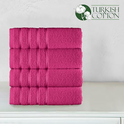 Image of Elegant Comfort 100% Turkish Cotton 4 Lines Viscose Stripe Luxury 4 Pack Hand Towel Set - Ultra Absorbent and Soft 16 x 28 Inch Premium Hotel Spa Quality Towels for Everyday Bath Use, Hot Pink
