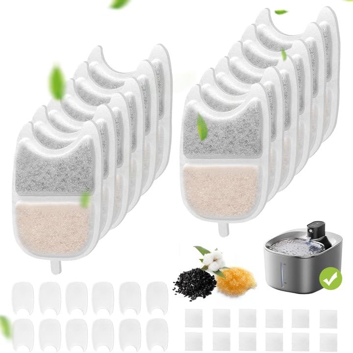Filtros de Fuente para Gato, Juego de 12 Filtros y 24 Filtros de Espuma Filtro de Repuesto con Resina y Carbón Activado para Fuente Inalámbrica Gato de 4L Sensor de Movimiento