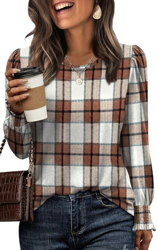 XIEERDUO Business Casual Outfits for Women Long Sleeve Shirts Fashion Clothing 2025 Early Fall Fashion Must Haves 2025 Halloween Shirts Brown Plaid L